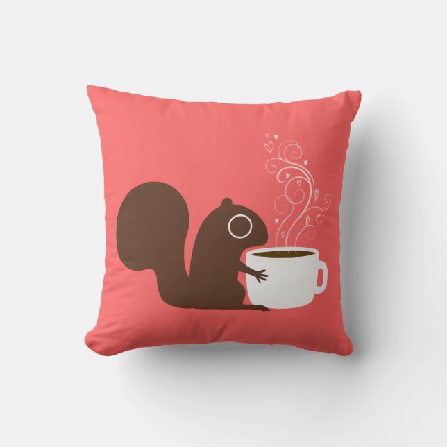 Cute Squirrel with Coffee | Whimsical Animal Art Throw Pillow (Front)