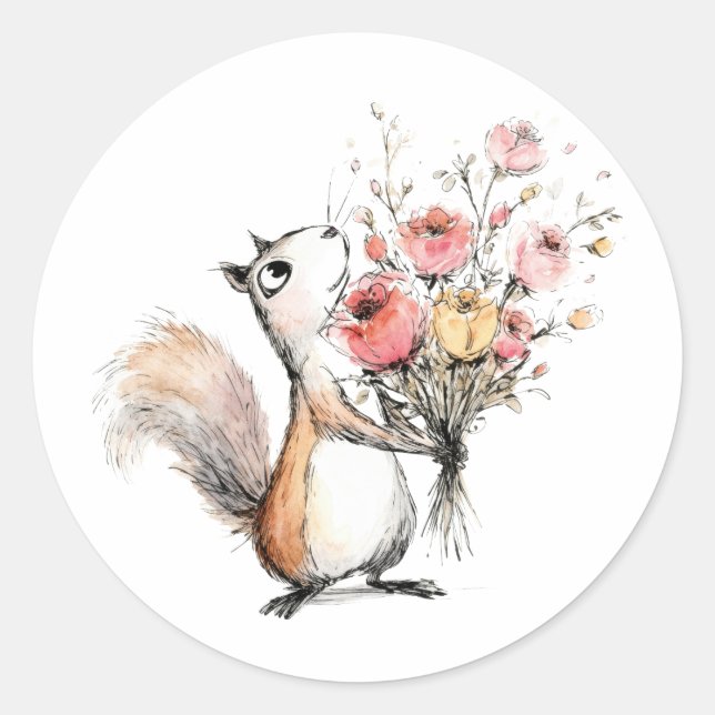 Cute Squirrel with Flower Bouquet Classic Round Sticker (Front)