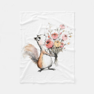 Cute Squirrel with Flower Bouquet Fleece Blanket
