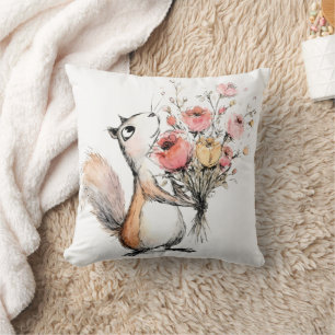 Cute Squirrel with Flower Bouquet Throw Pillow