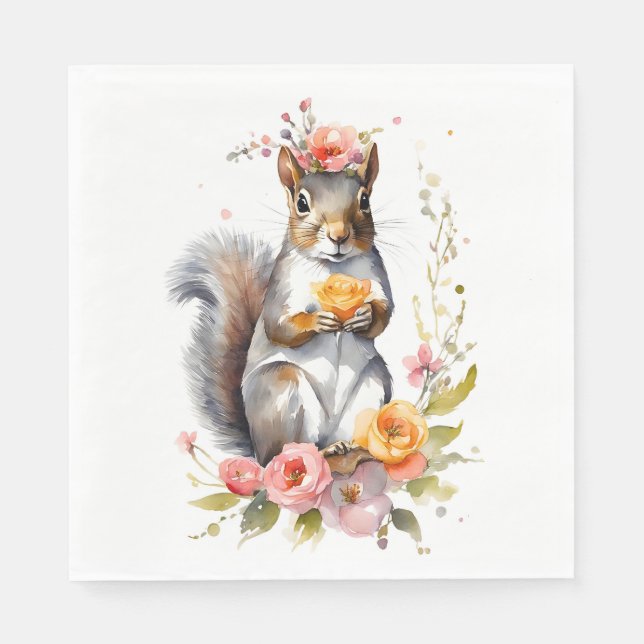 Cute Squirrel with Flowers  Napkin (Front)