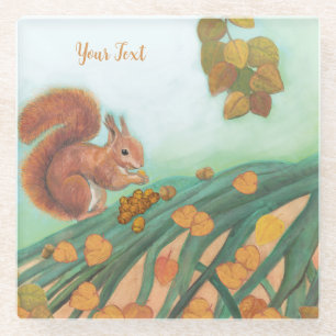 Cute Squirrel with hazelnuts illustration custom Glass Coaster