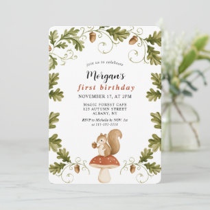 Cute Squirrel Woodland Forest Kids 1st Birthday Invitation