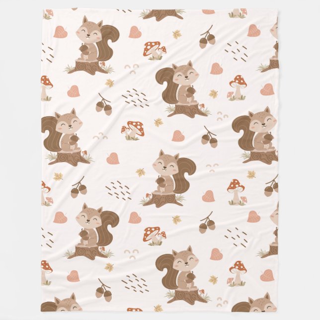 Cute Squirrel Woodland Forest Pattern Fleece Blanket (Front)
