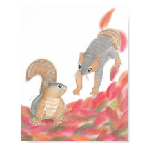 Cute Squirrels Fallen leaves Nursery Art Poster