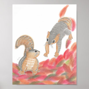 Cute Squirrels Fallen leaves Nursery Art Poster