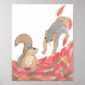 Cute Squirrels Fallen leaves Nursery Art Poster
