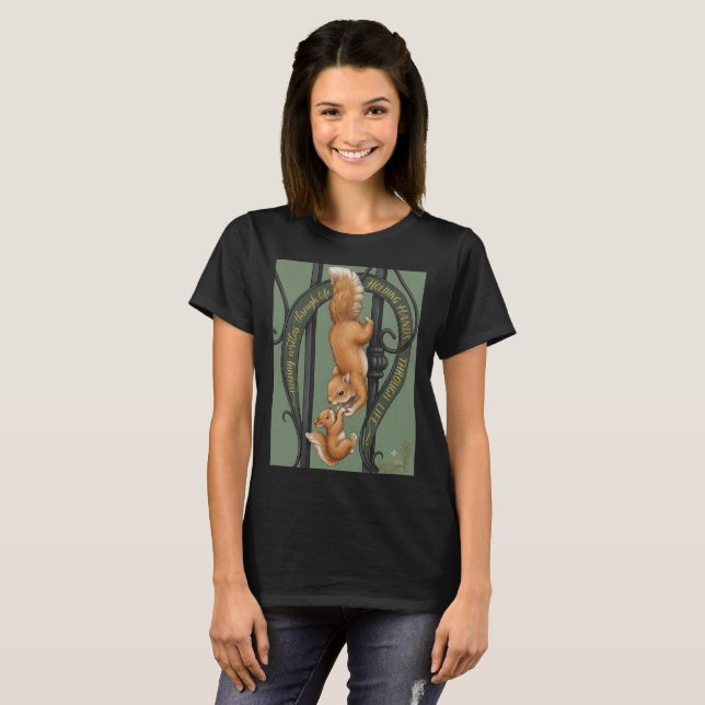 Cute Squirrels on Artistic Gate T-Shirt (Front Full)