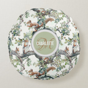 Cute squirrels pattern monogram name round pillow