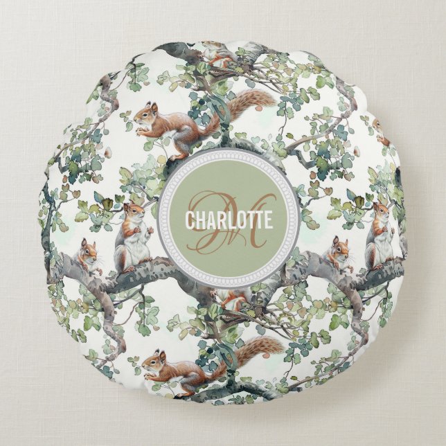 Cute squirrels pattern monogram name round pillow (Front)