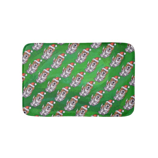 Cute St. Bernard in Hat Pattern on Green Bath Mat (Front)
