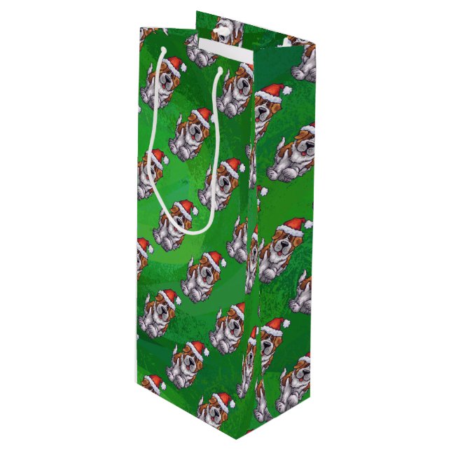 Cute St. Bernard in Hat Pattern on Green Wine Gift Bag (Front Angled)