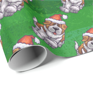 Cute St. Bernard in Hat Pattern on Green Wrapping Paper