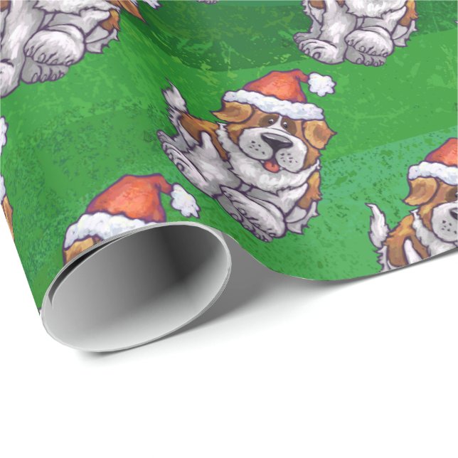 Cute St. Bernard in Hat Pattern on Green Wrapping Paper (Roll Corner)