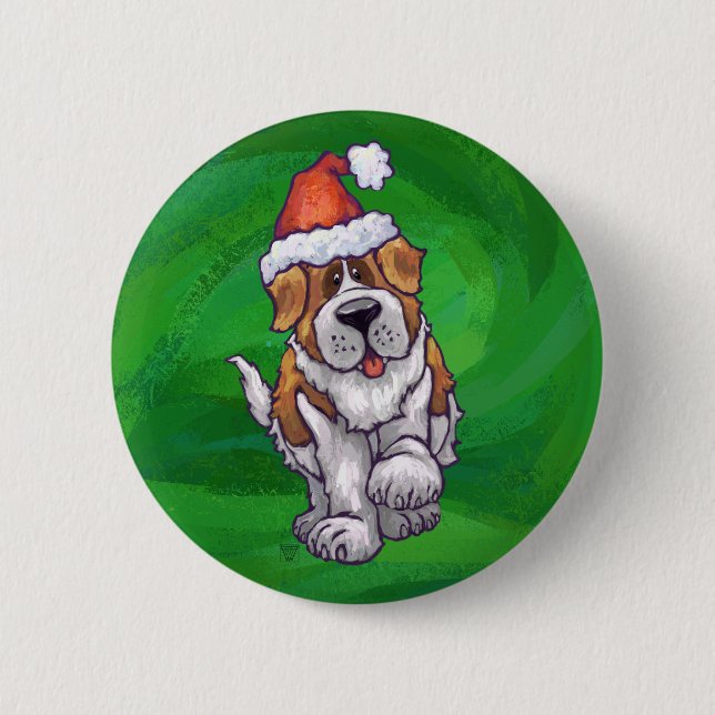 Cute St. Bernard in Santa Hat on Green 2 Inch Round Button (Front)