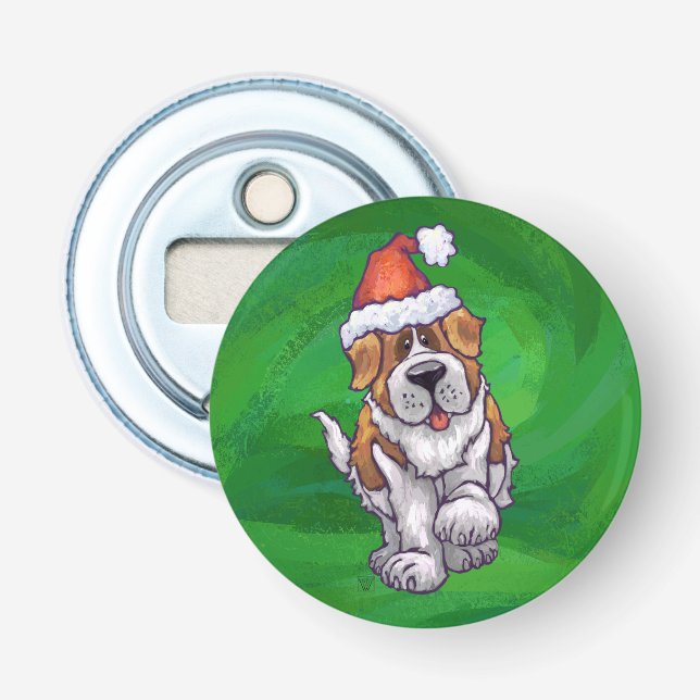 Cute St. Bernard in Santa Hat on Green Bottle Opener (Front)
