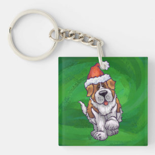 Cute St. Bernard in Santa Hat on Green Keychain