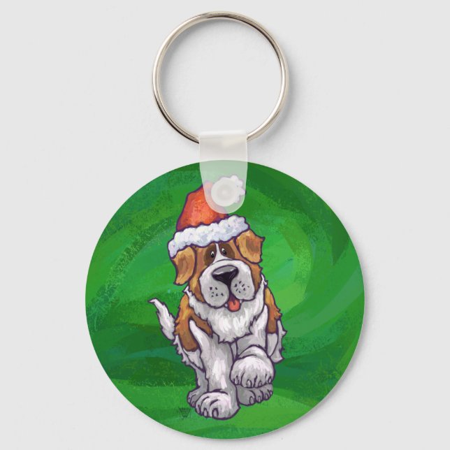 Cute St. Bernard in Santa Hat on Green Keychain (Front)