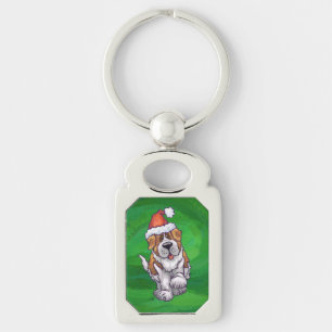 Cute St. Bernard in Santa Hat on Green Keychain