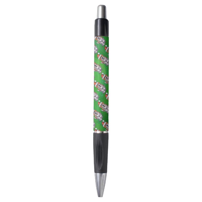 Cute St. Bernard in Santa Hat on Green Pen (Front Vertical)
