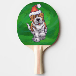 Cute St. Bernard in Santa Hat on Green Ping Pong Paddle