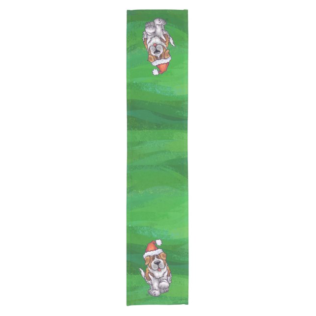 Cute St. Bernard in Santa Hat on Green Short Table Runner (Front)