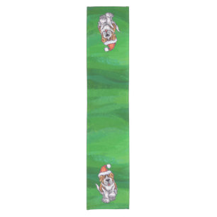 Cute St. Bernard in Santa Hat on Green Short Table Runner