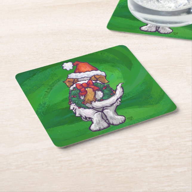 Cute St. Bernard in Santa Hat on Green Square Paper Coaster (Angled)