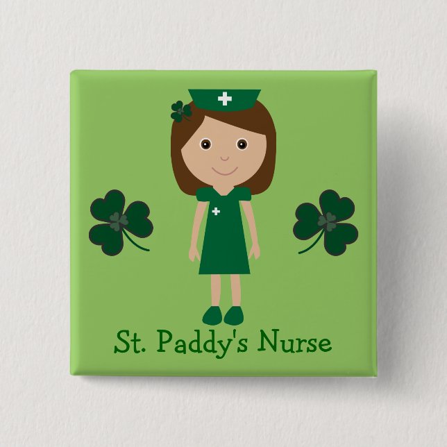 Cute St. Paddy's Nurse Cartoon Character 2 Inch Square Button (Front)