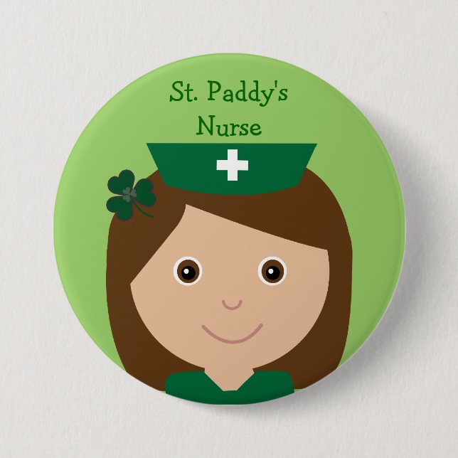 Cute St. Paddy's Nurse Cartoon Character 3 Inch Round Button (Front)