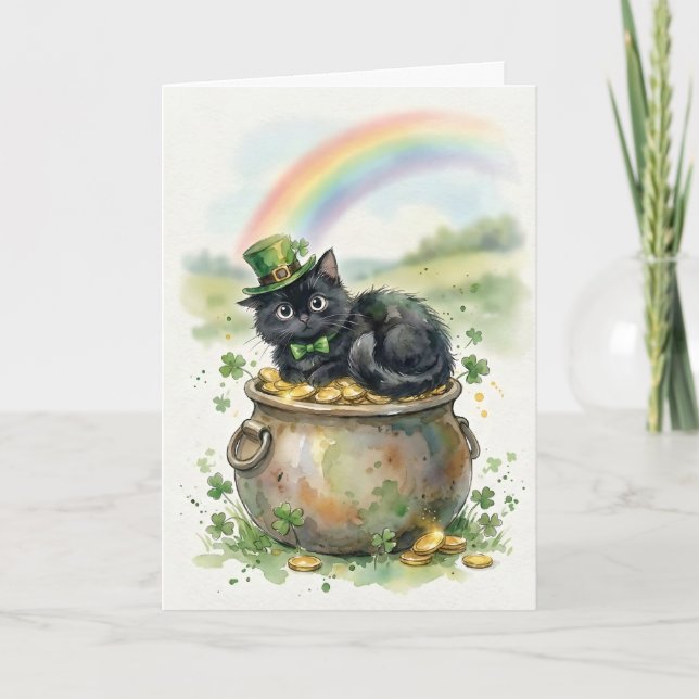 Cute St. Patrick's Day Black Cat Pot of Gold Card (Front)