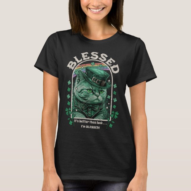 Cute St Patricks Day Blessed Cat I`m Blessed Cat n T-Shirt (Front)