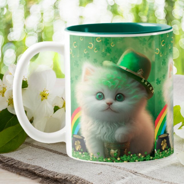 Cute St Patricks Day Cat Rainbow Gold Personalized Two-Tone Coffee Mug (Creator Uploaded)