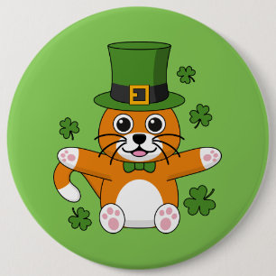 Cute St Patrick's Day Cat with Shamrocks Cartoon 6 Inch Round Button