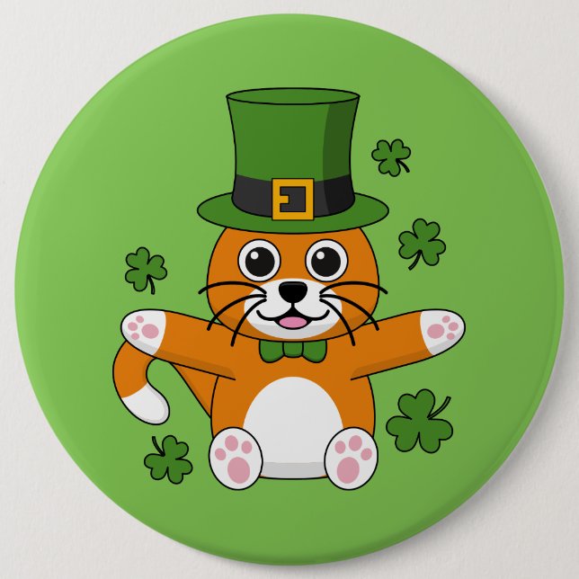 Cute St Patrick's Day Cat with Shamrocks Cartoon 6 Inch Round Button (Front)