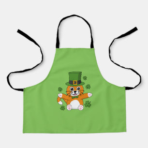 Cute St Patrick's Day Cat with Shamrocks Cartoon Apron