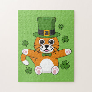 Cute St Patrick's Day Cat with Shamrocks Cartoon Jigsaw Puzzle