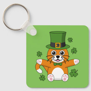 Cute St Patrick's Day Cat with Shamrocks Cartoon Keychain