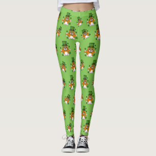 Cute St Patrick's Day Cat with Shamrocks Cartoon Leggings