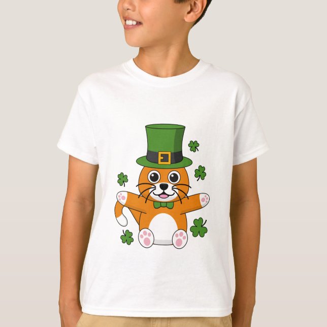 Cute St Patrick's Day Cat with Shamrocks Cartoon T-Shirt (Front)