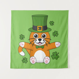 Cute St Patrick's Day Cat with Shamrocks Cartoon Tapestry