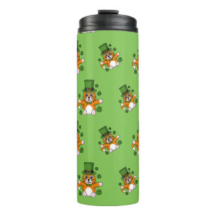 Cute St Patrick's Day Cat with Shamrocks Cartoon Thermal Tumbler