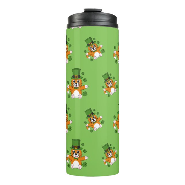 Cute St Patrick's Day Cat with Shamrocks Cartoon Thermal Tumbler (Front)