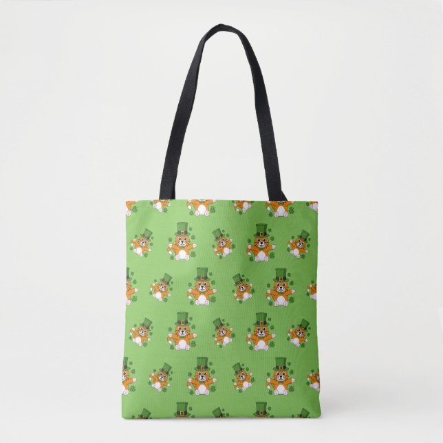 Cute St Patrick's Day Cat with Shamrocks Cartoon Tote Bag (Front)