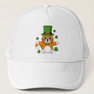 Cute St Patrick's Day Cat with Shamrocks Cartoon Trucker Hat