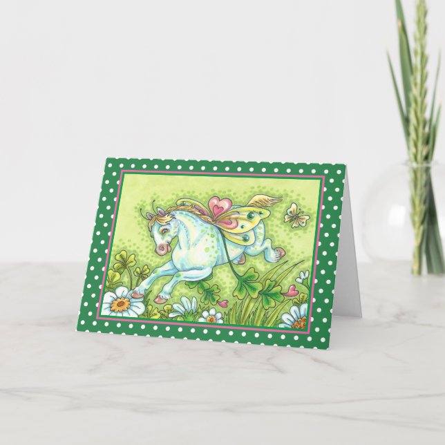 CUTE ST. PATRICK'S DAY FLYING IRISH PONY, FAIRY HOLIDAY CARD (Front)