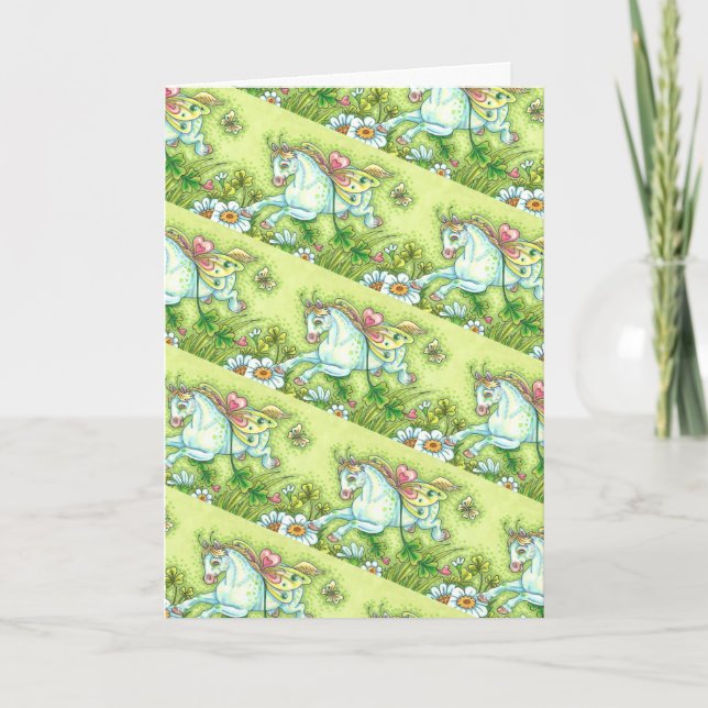 CUTE ST. PATRICK'S DAY FLYING IRISH PONY, FAIRY HOLIDAY CARD (Front)