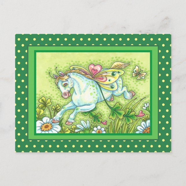 CUTE ST. PATRICK'S DAY FLYING IRISH PONY, FAIRY HOLIDAY POSTCARD (Front)