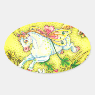 CUTE ST. PATRICK'S DAY FLYING IRISH PONY, FAIRY OVAL STICKER
