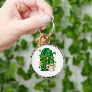 Cute St Patricks Day Gnome Drinking Coffee Keychain